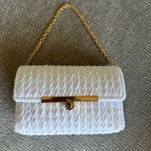 Handmade Plush Yarn Clutch Bag with Gold Chain – White